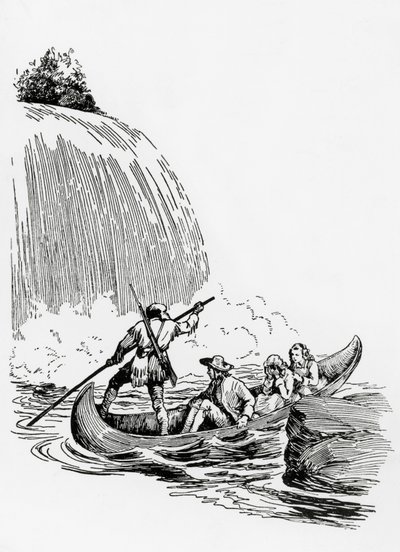 I personaggi principali in una canoa vicino a una cascata, illustrazione per L