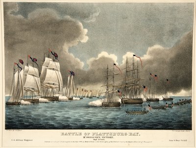 Battaglia della Baia di Plattsburg: Vittoria di McDonough, pub. 1840 da James Fuller Queen