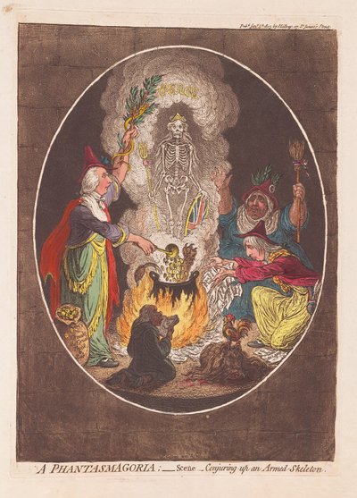 Una fantasmagoria: Scena - Evocazione di uno scheletro armato, pub. 1803 da James Gillray