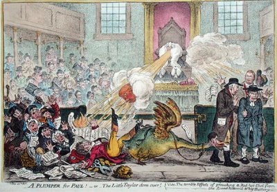 Un Plumper per Paul! o Il piccolo sarto fatto fuori! cioè Gli effetti terribili di provocare un colpo rovente dalla batteria Whig a fondo largo da James Gillray
