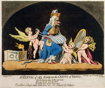 Una vestale del -93 che prova il Cestus di Venere, pubblicato da Hannah Humphrey nel 1793 da James Gillray
