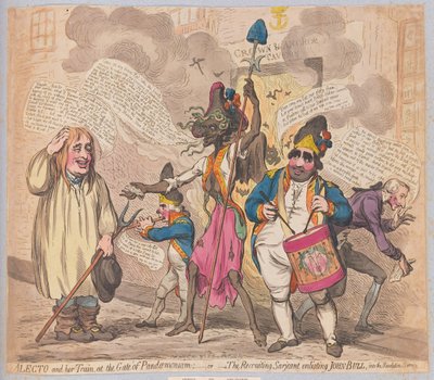 Alecto e il suo seguito alla porta di Pandaemonium o il sergente reclutatore che arruola John Bull nel servizio della rivoluzione, pub. (hand coloured engraving) da James Gillray