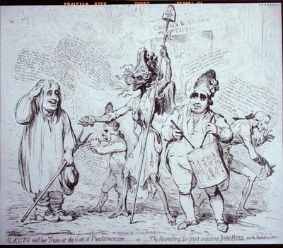 Alecto e il suo seguito alla porta del Pandemonio, o Il sergente reclutatore che arruola John Bull nel servizio della rivoluzione, pubblicato da S.W. Fores nel 1791 da James Gillray