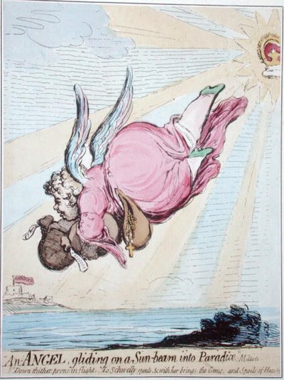 Un angelo che scivola su un raggio di sole in Paradiso da James Gillray