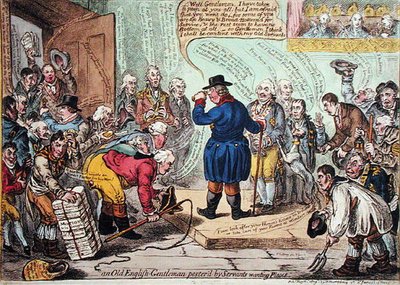 Un vecchio gentiluomo inglese infastidito dai servi che cercano lavoro da James Gillray