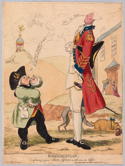 Bombardinian, che discute di affari di stato con uno in carica, pub. 1779 (incisione colorata a mano) da James Gillray