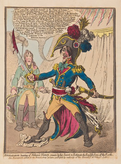 Bonaparte che sente della vittoria di Nelson giura sulla sua spada di estirpare gli inglesi dalla terra, pub. 1798 da James Gillray