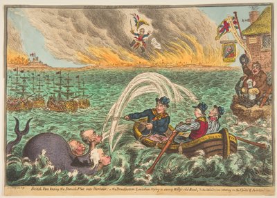 Marinai britannici che trainano la flotta danese nel porto, il Leviatano a fondo largo..., 1 ottobre 1807 da James Gillray