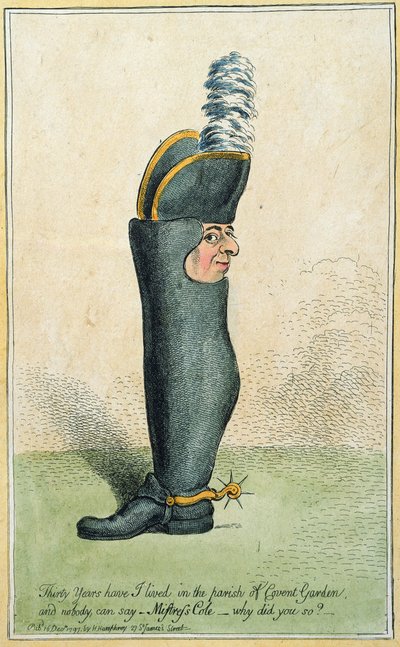 Cartone animato che raffigura il colonnello Justly Watson con il corpo di uno stivale, pubblicato da Hannah Humphrey nel 1797 da James Gillray