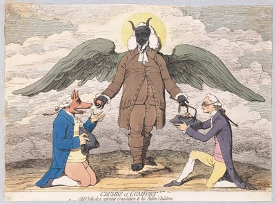 Briciole di conforto, o il vecchio ortodosso che restituisce consolazione ai suoi figli caduti, pub. 1782 (incisione colorata a mano) da James Gillray