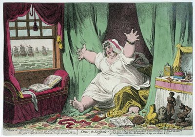 La disperazione di Didone, caricatura che prende in giro la relazione tra Horatio Nelson e Lady Emma Hamilton da James Gillray