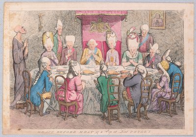 Grazie prima del pasto o uno sguardo a Lord Peters, pub. 1779 (incisione colorata a mano) da James Gillray