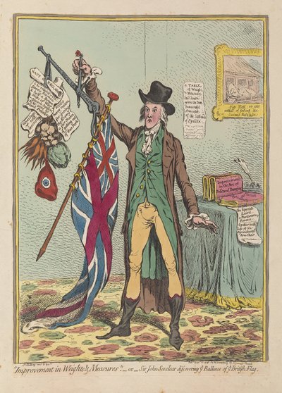 Miglioramento in pesi e misure o Sir John Seeclear che scopre ogni bilancia di ogni bandiera britannica da James Gillray