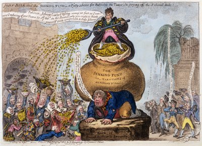 John Bull e il Fondo di Ammortamento - uno schema meschino per ridurre le tasse e pagare il debito nazionale, pub. H Humphrey, Londra, 1807 da James Gillray