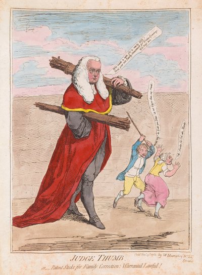 Giudice Thumb, o bastoni brevettati per la correzione familiare garantiti legali, pub. 1782 (incisione colorata a mano) da James Gillray