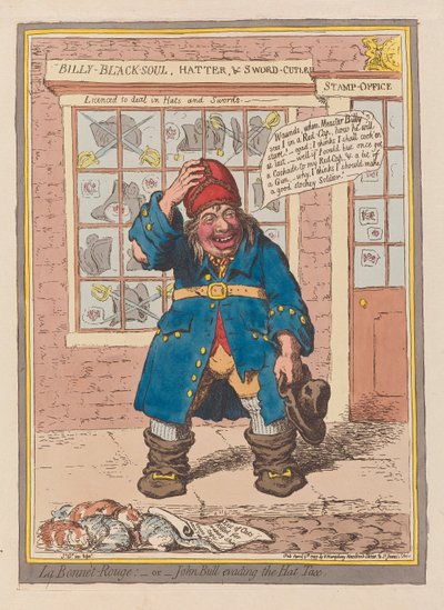 La Bonnet Rouge o John Bull che evade la tassa sul cappello, pub. 1797 da James Gillray