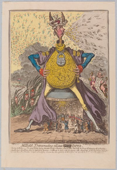 Mida, trasformando tutto in [oro] carta, pub. 1797 da James Gillray