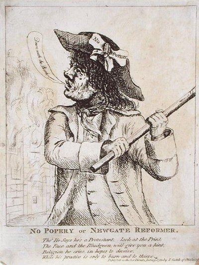 No Popery, o Riformatore di Newgate: possibilmente Ned Dennis con un distintivo 