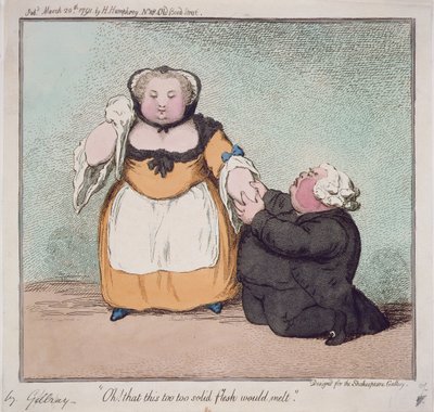 Oh, che questa carne troppo solida si sciogliesse, citazione da Amleto, Atto I. Scena I, disegnata per la Shakespeare Gallery, pub. da H. Humphrey, Londra, 1791 da James Gillray