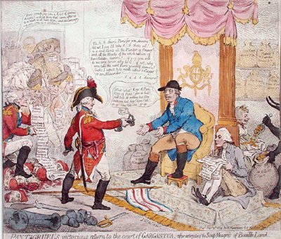 Il ritorno vittorioso di Pantagruel alla corte di Gargantua dopo aver estirpato i Soup-Meagres di Bouaille Land, pubblicato da Hannah Humphrey nel 1794 da James Gillray