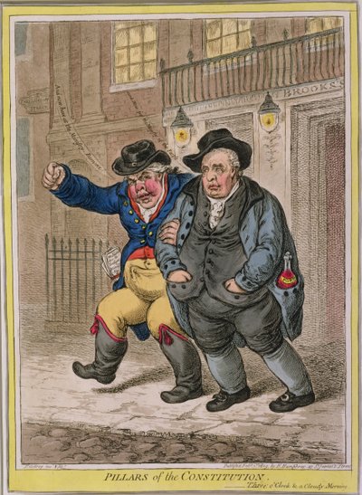 Pilastri della Costituzione: Le tre del mattino e una mattina nuvolosa, pubblicato da Hannah Humphrey da James Gillray
