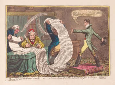 Preparazione per il Grande Attacco, o una Prova Privata del Ministero in Pericolo, pub. 1801 da James Gillray