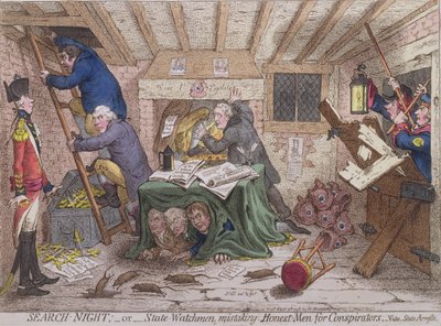 Notte di ricerca, o i guardiani dello stato che scambiano uomini onesti per cospiratori, pubblicato da Hannah Humphrey nel 1798 da James Gillray