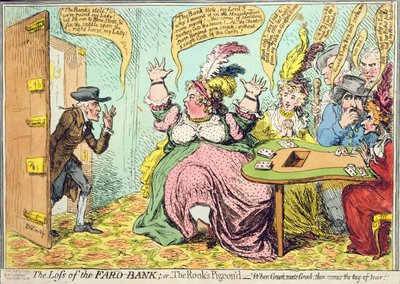 La perdita della banca di Faro, o Il piccione del corvo, pubblicato da Hannah Humphrey nel 1792 da James Gillray