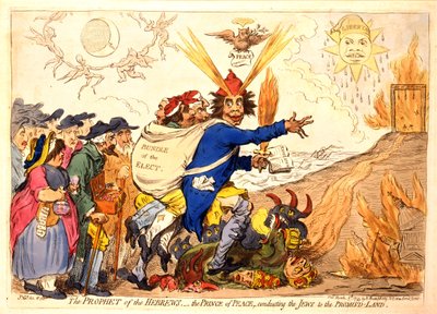Il profeta degli ebrei - il Principe della Pace che conduce gli ebrei alla Terra Promessa, pub. Hannah Humphrey, 1795 (incisione colorata a mano) da James Gillray
