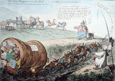 Il carrettiere di stato e John Bull, o Il carro troppo pesante per gli asini! pubblicato da Hannah Humphrey nel 1804 da James Gillray