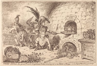 Tiddy-Doll, la grande fornaia di pan di zenzero, sta preparando una nuova infornata di Re da James Gillray