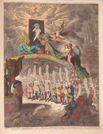 Titianus Redivivus o i sette saggi che consultano il nuovo oracolo veneziano, una scena nel boschetto accademico No.1 da James Gillray