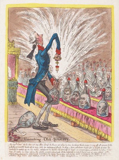 Stappando il vecchio Sherry, pub. 1805 da James Gillray
