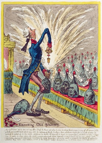 Stappando il vecchio Sherry, pubblicato da Hannah Humphrey nel 1805 da James Gillray