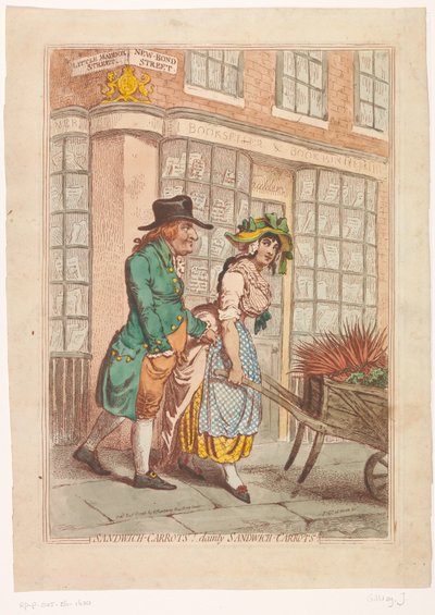 Donna con una carriola di carote davanti alla vetrina del libraio Robert Faulder a Londra da James Gillray