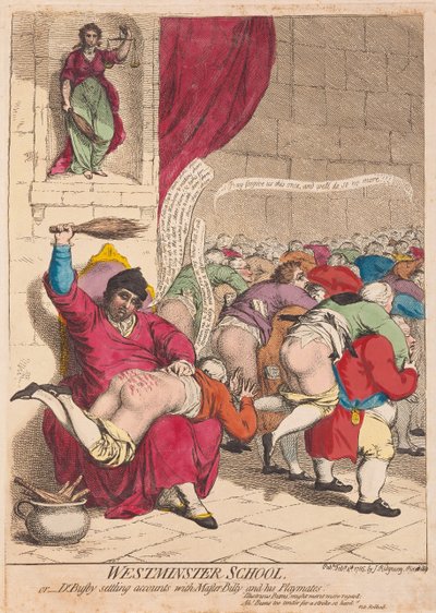 Scuola di Westminster o Dr Busby che regola i conti con il maestro Billy e i suoi compagni di gioco, pub. 1785 (incisione colorata a mano) da James Gillray