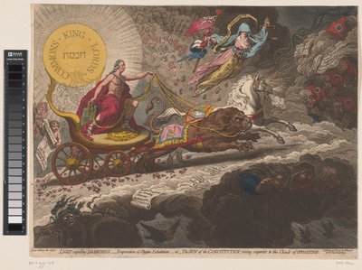 William Pitt scaccia le forze oscure, 1795 (Light Expelling darkness, - evaporation of Stygian exhalations,-or- The sun of the constitution, rising superior to the clouds of opposition) da James Gillray