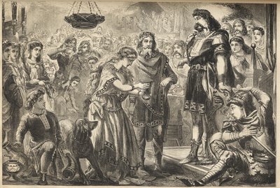 Vortigern (Gwrtheyrn) (V secolo) Re dei Bretoni e Rowena - Rowena, figlia di Hengist, offre vino a Vortigern, re tribale dei Britanni - Vortigern, Re di Britannia, innamorato di Rowena al banchetto di Hengist, il generale sassone - incisione da James Godwin