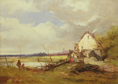 Pescatori vicino a un cottage sulla riva di un fiume da James Holland