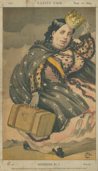 Isabella II, Regina di Spagna, è stata tradita per tutta la vita da coloro che avrebbero dovuto essere i più fedeli a lei, 18 settembre 1869, caricatura di Vanity Fair da James Jacques Joseph Tissot
