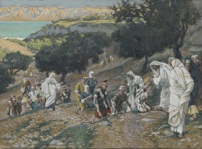 Gesù guarisce i ciechi e gli zoppi sulla montagna, illustrazione da La vita di Nostro Signore Gesù Cristo da James Jacques Joseph Tissot