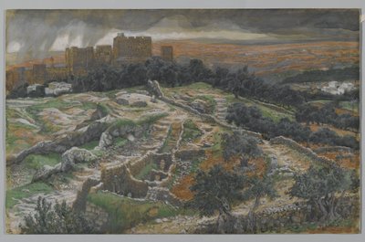 Ricostruzione del Golgota e del Santo Sepolcro, vista dalla Porta Giudiziaria, illustrazione da La vita di Nostro Signore Gesù Cristo da James Jacques Joseph Tissot