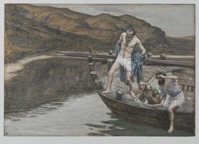 San Pietro, avvertito da San Giovanni della presenza del Signore, si getta in acqua, illustrazione da La vita di Nostro Signore Gesù Cristo, 1886-94 da James Jacques Joseph Tissot