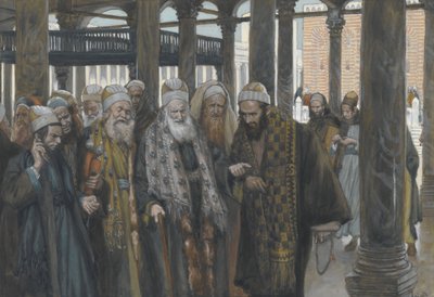 I sommi sacerdoti prendono consiglio insieme, illustrazione da La vita di Nostro Signore Gesù Cristo, 1886-94 da James Jacques Joseph Tissot