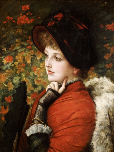 Tipo di bellezza: Ritratto di Mrs. Kathleen Newton in un vestito rosso e cappello nero da James Jacques Joseph Tissot