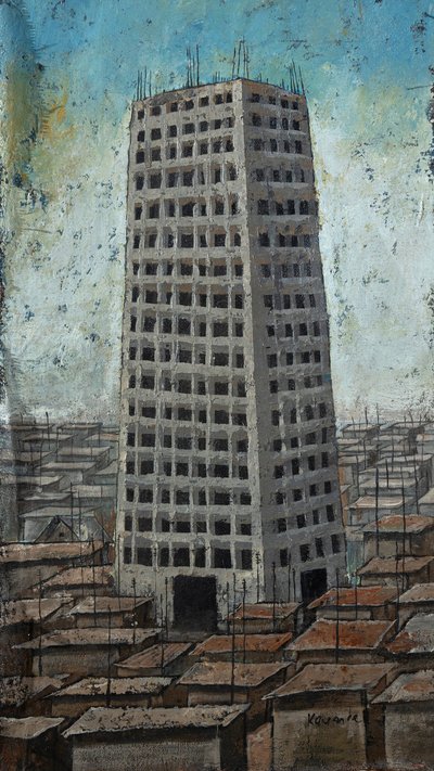 Un grattacielo che sovrasta una città densamente popolata da James Kamande