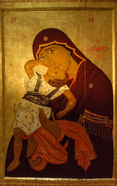 Icona della Vergine e del Bambino riflettente lo stile bizantino tardivo. Galleria d