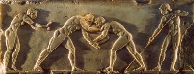 Atleti greci antichi raffigurati su un bassorilievo del VI secolo a.C. Museo Archeologico Nazionale da James L Stanfield