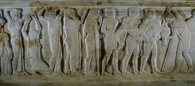 Sarcofago in pietra del VI secolo a.C. dalla Turchia raffigura una scena troiana. Qui Achi... da James L Stanfield