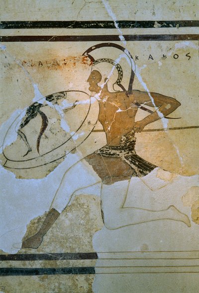 Affresco murale di un corridore Hoplitodromos aka hoplitodromia. Museo dell